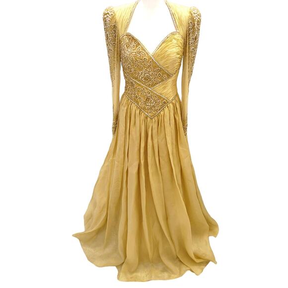 Claire's Collection Gold Ball Gown Pageant Silk Dress Embellished